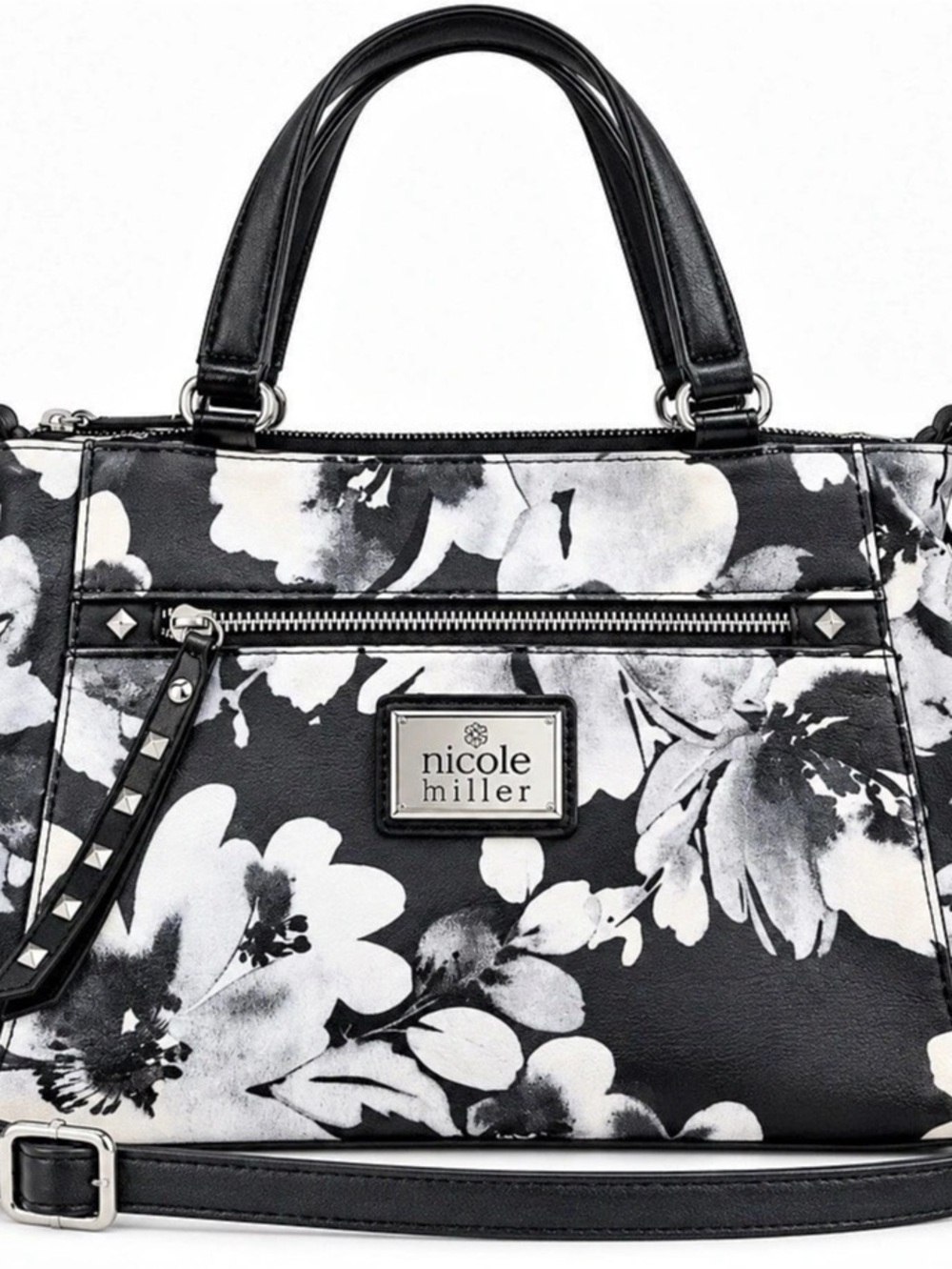 Nicole Miller Black & White Floral Satchel / Crossbody Purse